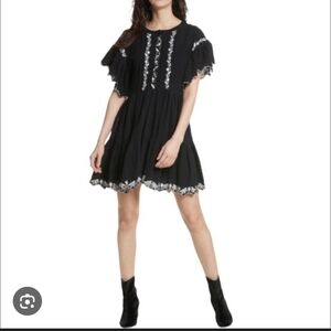 Free People Black Mini Dress with White Embroidery